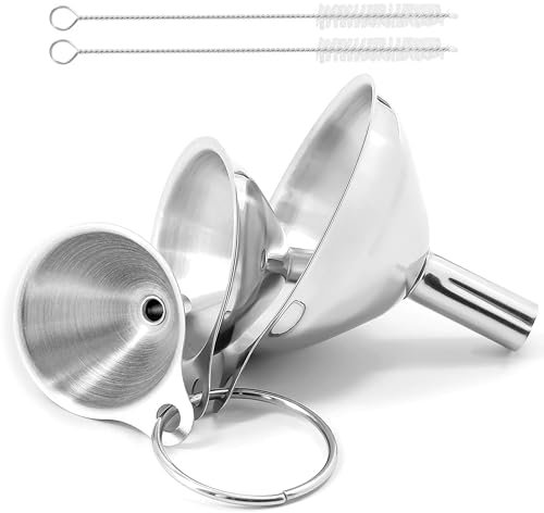Stainless Steel Funnels, 3 Pcs Funnel, Kitchen Funnel Kitchen Strainer Funnel Small Funnels with 2 Cleaning Brush for Transferring Oil Salt Sugar Jam Liquids Powder (1.7Inch/2.2Inch/2.9Inch)