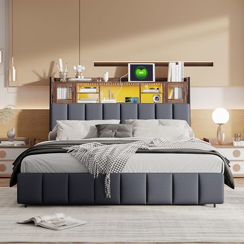 ADFUNIT Polsterbett 160x200 cm mit LED und USB, Doppelbett Stauraumbett mit Lattenrost und 4 Schubladen, Bettgestell für Erwachsene und Jugendliche, Ohne Matratze, Leinen Schwarz