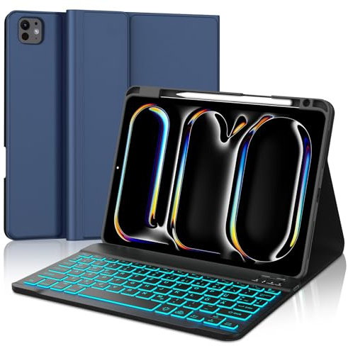 Occtingkind Für iPad Pro 11 Hülle mit Tastatur, 7-Farben Beleuchtete Tastatur für iPad Pro 11 2025 M5 & 2024 M4 (A3357/A3358/A3359/A2836/A3006/A2837) QWERTZ, USB-C, Ohne Trackpad, Mitternachtsblau