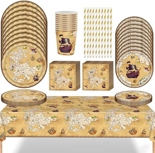 Lot de 61 vaisselle de fête pirate pour anniversaire d'enfant, assiettes en carton, avec assiettes, gobelets, serviettes, pailles, nappe, vaisselle de fête