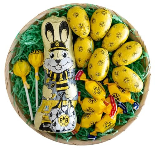 Borussia Dortmund Osterkörbchen gefüllt mit Schokoladen-Osterhase | -Ostereier | Lollipop | Kaubonbon BVB 09