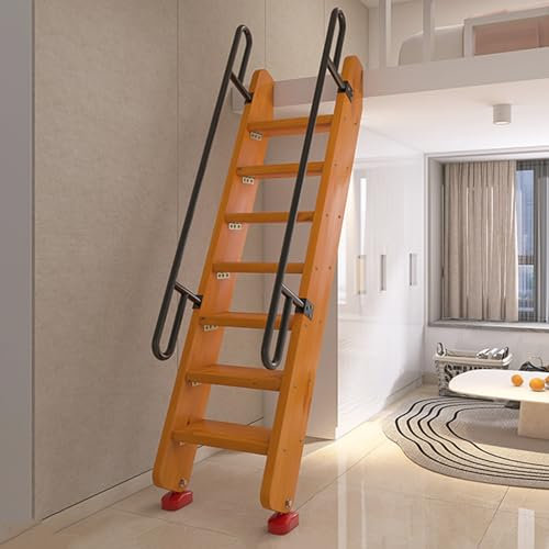 EXCLURA Load-bearing Wood Loft Ladder with Iron Handle, Home Attic Access Stairs with Non-Slip Foot Mats, Climbing Loft Step Ladders for Bunk Bed Ladder(Color 1,7 step-2m (6.6ft))