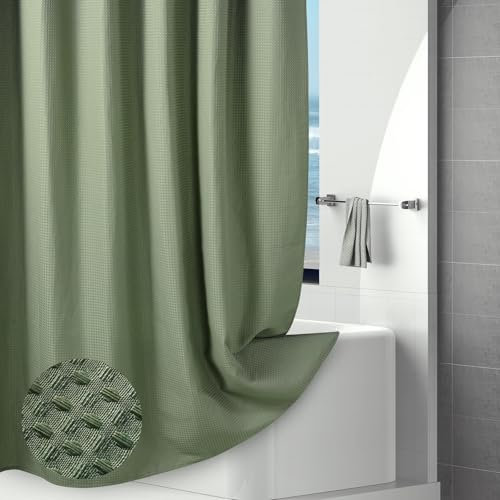 Luxus Duschvorhang Waffel 183x214cm 256GSM Duschvorhänge Schwerer Stoff mit Beschwertem Saum, Wasserdicht Beschichtung, Duschvorhang Textil Waschbar, Hochwertig Badvorhang für Badezimmer, Salbeigrün