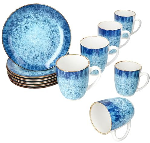 MamboCat Marina 12tlg Frühstücksset I Je 6x blaue kleine Frühstücksteller & Kaffeebecher 320ml für 6 Personen mit maritimem Design für Frühstück & Kaffee I Ozean-Dekor
