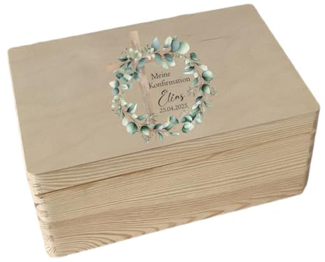 minimutz Holzkiste Geschenk Konfirmation, Personalisiertes Konfirmationsgeschenk Mädchen Junge, Erinnerungskiste aus Holz, Aufbewahrungsbox Blumenkranz Eukalyptus M (30x20x14 cm)