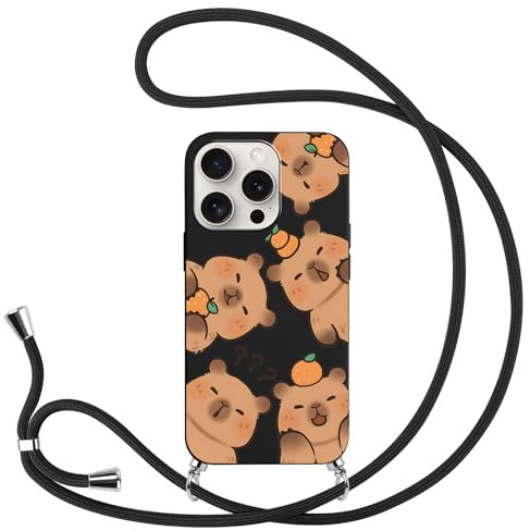 Anime für iPhone 7/iPhone 8/iPhone SE 2022/2020 Hülle 4.7'', Cute Cartoon Capybara Hülle mit Band, HandyHülle Necklace Kordel zum Umhängen SchutzHülle TPU Phone Case, Schwarz