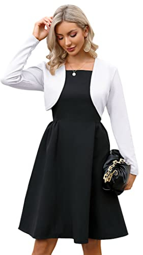 KOJOOIN Damen Bolero Festlich Pailletten Bolero Glitzer Strickjacke Elegant Kurz Cardigan Bolerojacke Langarm Open Front Shrug Cardigan Casual Top Weiß-new S