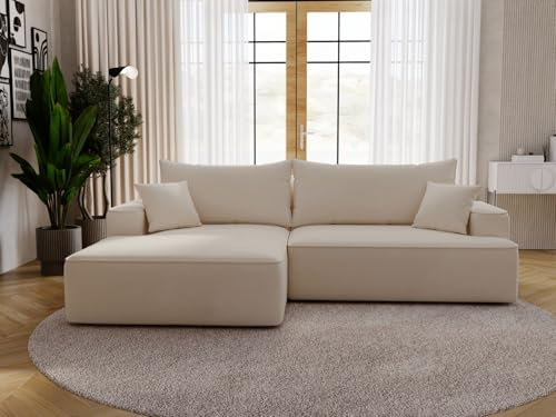GRAINGOLD California Ecksofa mit Schlaffunktion & Bettkasten 270x165 cm, L-Form Sofa mit Stauraum, Schlafcouch für Wohnzimmer, Velour, 3-Sitzer Eckcouch, Modernes Design (Beige, Links)