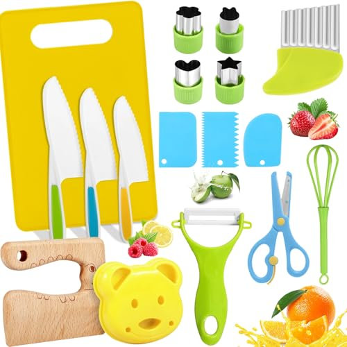 17 Pcs Couteau Enfant avec Planche Découpe & Éplucher, Kit Couteaux Sécurité Cuisine Enfants,Ustensiles Cuisiner Bebe,Outil Cuire Bois Ne Coupe Pas pour Enfants Partir 2 Ans Couper Fruits,Pain,Légumes