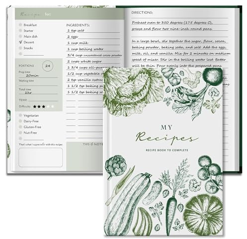 BIROYAL Rezeptbuch zum Selberschreiben A5, Englische Version - Kochbuch Selbst Schreiben für 100 Lieblingsrezepte, 120g Papier ohne Durchschlagen, mit Zutaten-Umrechnungstabelle, für Kochliebhaber