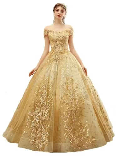 HAIBFJIN Damen Langes Quinceanera Kleid Schulterfreies Tüll Ballkleider Abendkleid mit Spitzenapplikationen