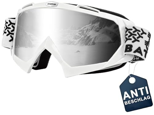 Skibrille Mtb Dirt Bike ATV Crossbrille goggle Sicherheit Tactical Riding Motorradbrillen für Herren Damen Jugend (Anti Fog-Weiß Silber, L)