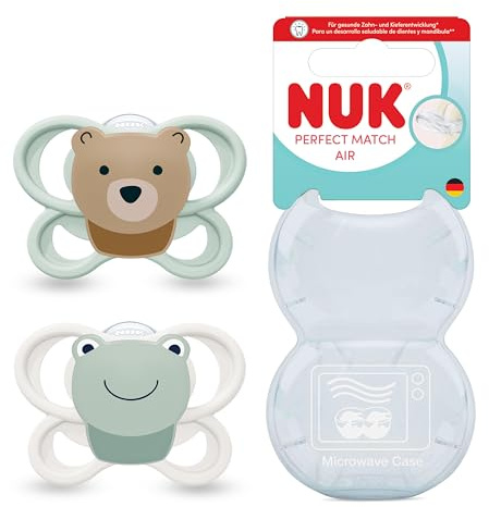 NUK Perfect Match Air Baby Schnuller | 0-6 Monate | Orthodontische Schnuller, die Luftzirkulation fördern & Speichel-Ausschlag verhindern | 95% Baby-Akzeptanz** | Bär/Frosch | 2 Stück