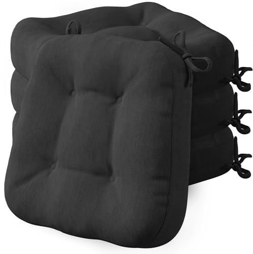Codi Stuhlkissen 40 x 40 cm, 4er-Set, 8 cm dick, Sitzkissen Outdoor | Schwarz, Memory-Foam-Füllung, wasserabweisender Bezug, rutschfester Halt mit Bindebändern, für Gartenstühle und Balkon