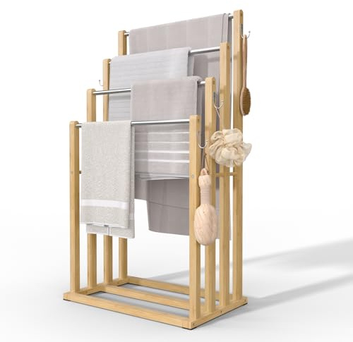 VOUNOT® Porta Asciugamani Bagno da Terra, Portasciugamani Autoportante in Bambù Stabile 4 Bracci con Ganci, Organizzatore Ideale per Bagno, Doccia, Vasca o Lavabo, 45x28x92 cm