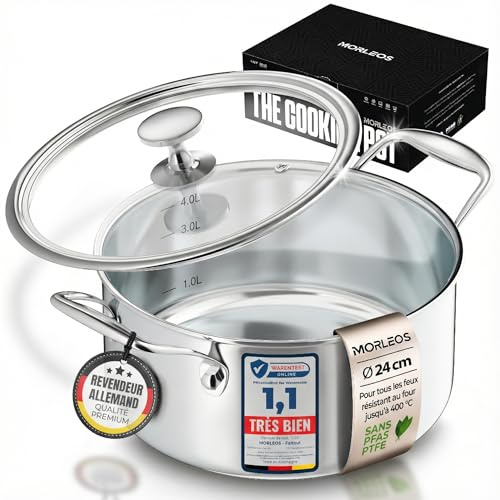 MORLEOS Suppentopf mit modernem, flachem Glasdeckel, 4,7 Liter Edelstahltopf Ø 24x12 cm - 2,5 kg - Induktion spülmaschinenfest - 5-Schicht - energiesparender Topf