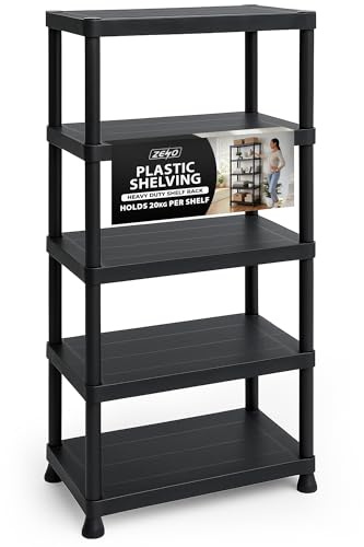 ZENO Plastic Shelving Unit 5 Tier | Storage Shelves 100KG Total Load Capacity | Plastic Shelving for Home Garage, Kitchen, Shed and Workshop | Heavy Duty Stable Frame | Easy Tool Free Assembly