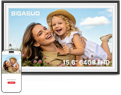 64GB 15,6 Cornice Digitale Foto Frameo WiFi Nero Bianco - 1920 * 1080P FHD IPS Touch Screen Cornici per Foto Elettroniche Grandi, Rotazione Automatica, Montaggio a Parete, Condivisione di Foto e