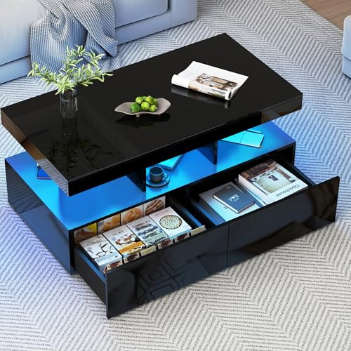 BRILVERDE Hochglanz Couchtisch, Wohnzimmertisch mit 16-Farbiger LED und 2 Schubladen, Moderner Sofatisch mit Stauraum, Beistelltisch mit 5 Ablageebenen (Schwarz, 104 x 53 x 46 cm)
