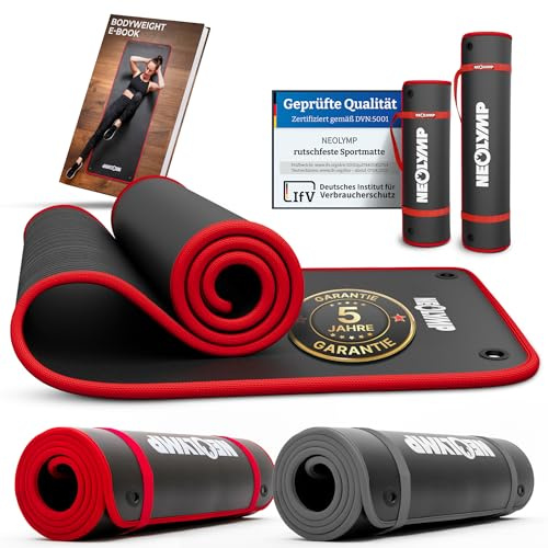NEOLYMP extra dicke Fitnessmatte rutschfest mit Aufhänge-Ösen inkl. Tragegurt & E-Book – Yogamatte, Gymnastikmatte, Sportmatte & Pilates Matte (Schwarz-Rot, 80 cm | 6 Matten)