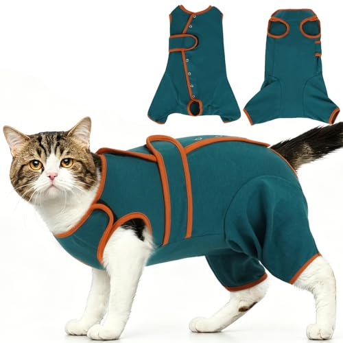 OUOBOB Cat Recovery Suit for Spayed Cats, Anti-Lick Onesie with Hind Legs | Hind leg design, tail opening, adjustable snap and loop closure, soft cotton, anti-lick protection, S-XL, cats and kittens