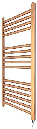 300mm(w) x 800mm(h) Straight Copper Electric Heated Towel Rail, Radiator, Warmer. Supplied with 150 Watt Electric Heating Element (PRE-FILLED with heating solution)