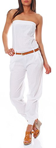 malito Damen Einteiler in Uni Farben | Overall mit Gürtel | langer Jumpsuit - Romper - Hosenanzug 1585 (weiß, XL)