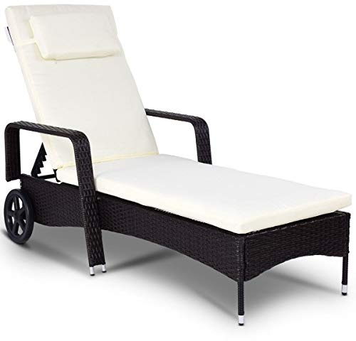 COSTWAY OP3414 VD-3414OP Rattan Adjustable Backrest Lounger Chair (with Wheel) Patio Reclining Chaise Lounge Outdoor Beach Pool Yard Porch Wicker Rat, White
