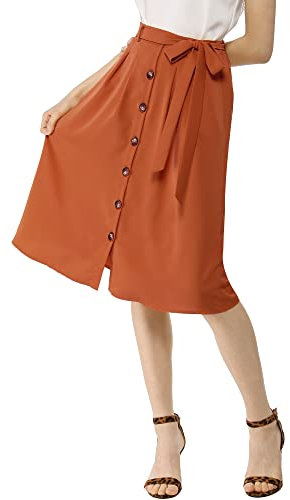 Allegra K Damen Midirock Knielang A Linie Hohe Taille Faltenrock Bindegürtel Knopfleiste Rock Braun S