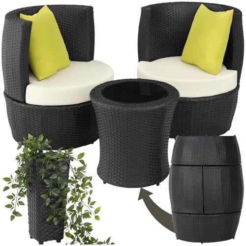 tectake® Rattan Set 2 Personen, Balkonmöbel, Gartenmöbel Set, Outdoor Sitzgruppe mit 2X Stuhl, 1x Beistelltisch rund, 1x Vase, platzsparend zusammenschiebbar, mit Polster und Kissen - schwarz
