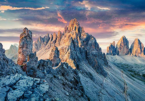 wandmotiv24 Fototapete Gebirge in der Dolomiten, Südtirol, XL 350 x 245 cm - 7 Teile, Wanddeko, Wandbild, Wandtapete, Felsen, Sonnenuntergang, Berge M5747