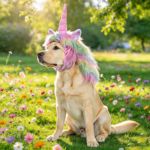 Lustiges Rentier-Kostüm für Hunde, niedliche pelzige Haustierperücke für Halloween, Weihnachten, Haustier-Kleidung, Zubehör (M, Unicorn)