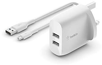 Belkin Boost Charge Dual USB-A Wall Charger 24W + USB-A to Micro-USB Cable (For Smartphones, Tablets, Wireless Headphones, Power Banks, Portable Speakers and more) | WCE002my1MWH