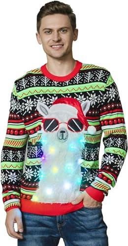 OFF THE RACK Pull de Noël Laid, LED Sweat à Tricoté Drôle de Noël pour Hommes avec Un Renne Elfe Lama et Un Arbre de Noël, Sweat-Shirt Festif Unisexe pour Noël