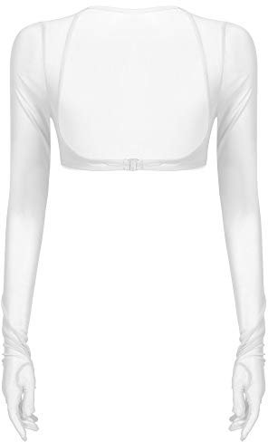 FEESHOW Womens See-Through Mesh Gloves Tops Shirts Long Sleeve Open Front Buckle Crop Top Summer White M