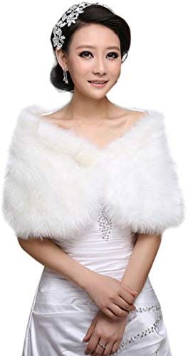 YO-HAPPY Frauen Schal, Damen Weiß Kunstpelz Braut Wrap Stola Schal Kap Hochzeit Künstliche Perle Ball Verschönerung Winter Jacke Mantel Achselzucken