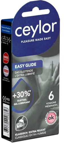 Ceylor Easy Glide 6 extra feuchte Kondome mit 30% mehr Gleitmittel, verpackt im hygienischen Dösli für einfache Handhabung, Top-Qualität, Qualitätsmarke aus der Schweiz