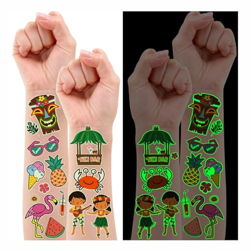 Leesgel Hawaii Deko für Kinder, 150 Stück Leuchtende Hawaii Tattoo Kinder Kindertattoos Aufkleber Kinder für Hawaii Dekoration Party, Sommer Dekoration Kindergeburtstag Geschenke Kinder - 12 Blatt
