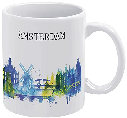 Kaffeetasse mit Amsterdam Skyline, Amsterdam Cityskape City, Geschenkidee, Teetasse, Erntedankfest, Reisetasse, Geschenk-Tasse, Weihnachten, 325 ml