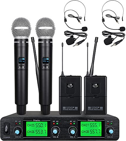 Sistema microfonico wireless UHF a 4 canali 2 palmare microfono intero 2 lavavier bavero microfono Bodypack 2 cuffie display LCD frequenza A karaoke per feste scolastiche matrimonio chiesa conferenze