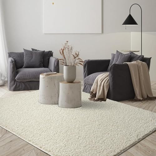 the carpet Foxy Shaggy Teppich - Hochflor Teppich Wohnzimmer & Schlafzimmer - Waschbar & rutschfest - Creme 50 x 100 cm