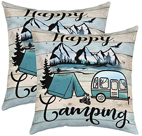 Happy Camping Kopfkissenbezüge 50x50 Set von 2, Camper Kissenbezüge für Sofa, Rustikales Bauernhaus Kissenbezüge Camping Dekorative Kissenbezüge, Rv Auto Thema Bunte Vintage Hölzerne Kissen Fälle
