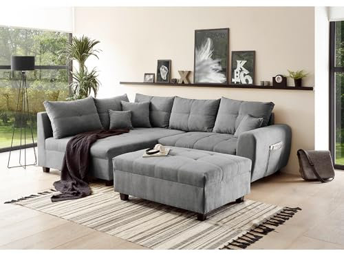 Lomadox Ecksofa mit Hocker und 8 Kissen in dunkelgrau | L-Form mit Recamiere Links