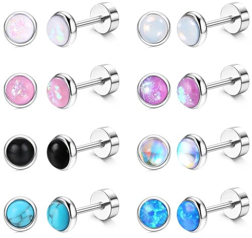 Chriscoco 8 Paar Damen Ohrringe Chirurgenstahl - Tragus Helix Piercings Mit Opal Türkis Mondstein - Flache Knorpel Piercings Ohrloch Stecher Set Silber 6 mm
