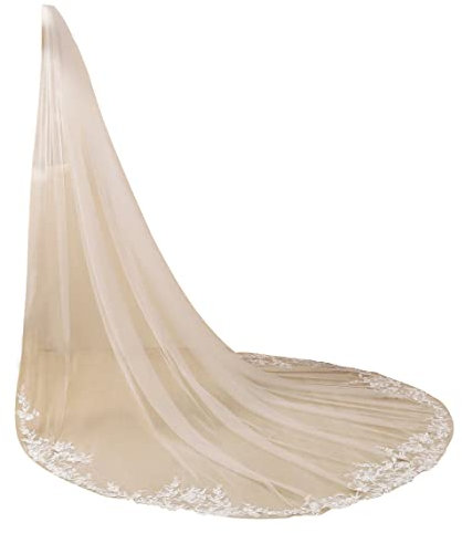 EllieWely Lange 1 Tier Spitze Hochzeit Brautschleier mit Metall Kamm F10, Elfenbein, Cathedral length 118