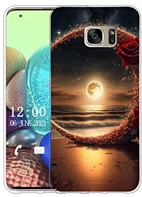Sunrive Hülle Kompatibel mit Samsung Galaxy S7 Edge Silikon,Transparent Handyhülle Schutzhülle Etui Karikatur Muster Weiches TPU Silikon Case (Mond, Meer, Rosen) MEHRWEG