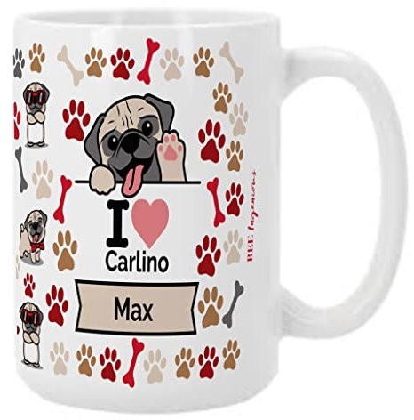 Bee Ingenious Taza Perros personalizada con nombre. Taza desayuno XL de 443 ml. Taza CARLINO personalizada con nombre. Tazas razas de perros. Tazas originales para regalar. (Carlino)