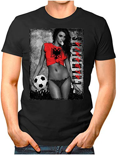 OM3 - Albania-Champions - Herren T-Shirt mit Länderflagge Ländershirt Fan Sexy Girl Frau Fußball Trikot Albanien Vintage Schwarz L