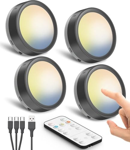Faretto LED Ricaricabili USB con Telecomando, Nero Batteria da 1600mAh Luce LED Vetrina Senza Fili Luci Armadio Adesive Faretti Cucina Sottopensile Magnetica Lampada Notturna Touch per Sotto Mensola