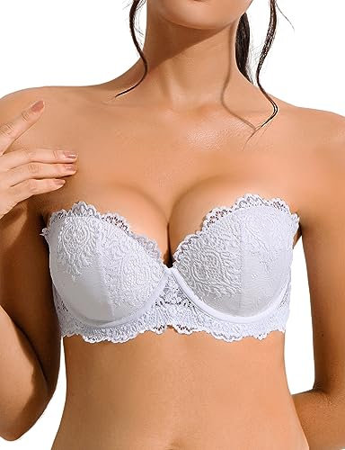 YANDW Push Up Strapless Lace Bra Strong Padded 2 Cups with Transparent Straps Reusable Sexy Balconette, White, 32A